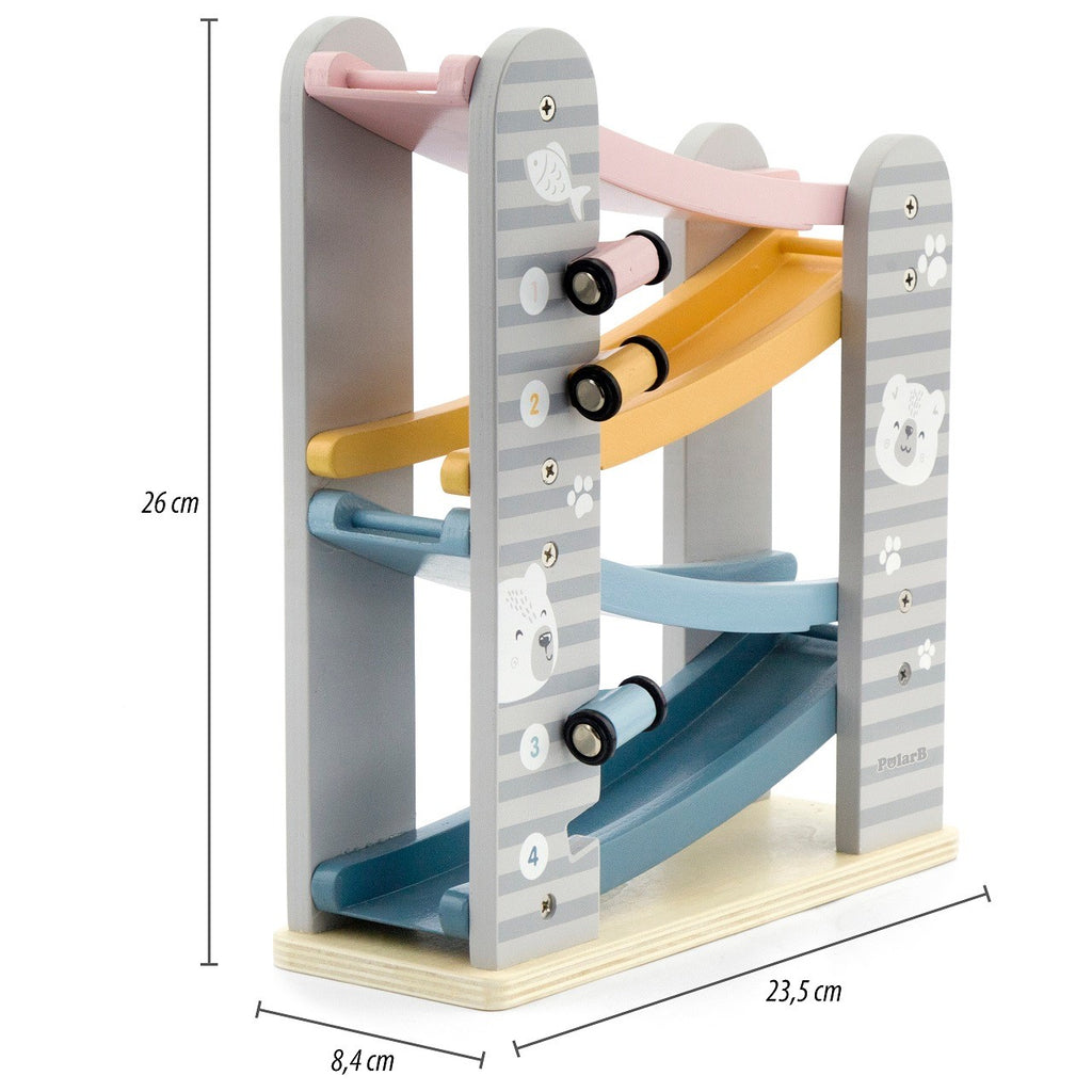 colorful wooden race track with 4 toy cars mid-slide, playful pastel tones and smooth edges for safe toddler play