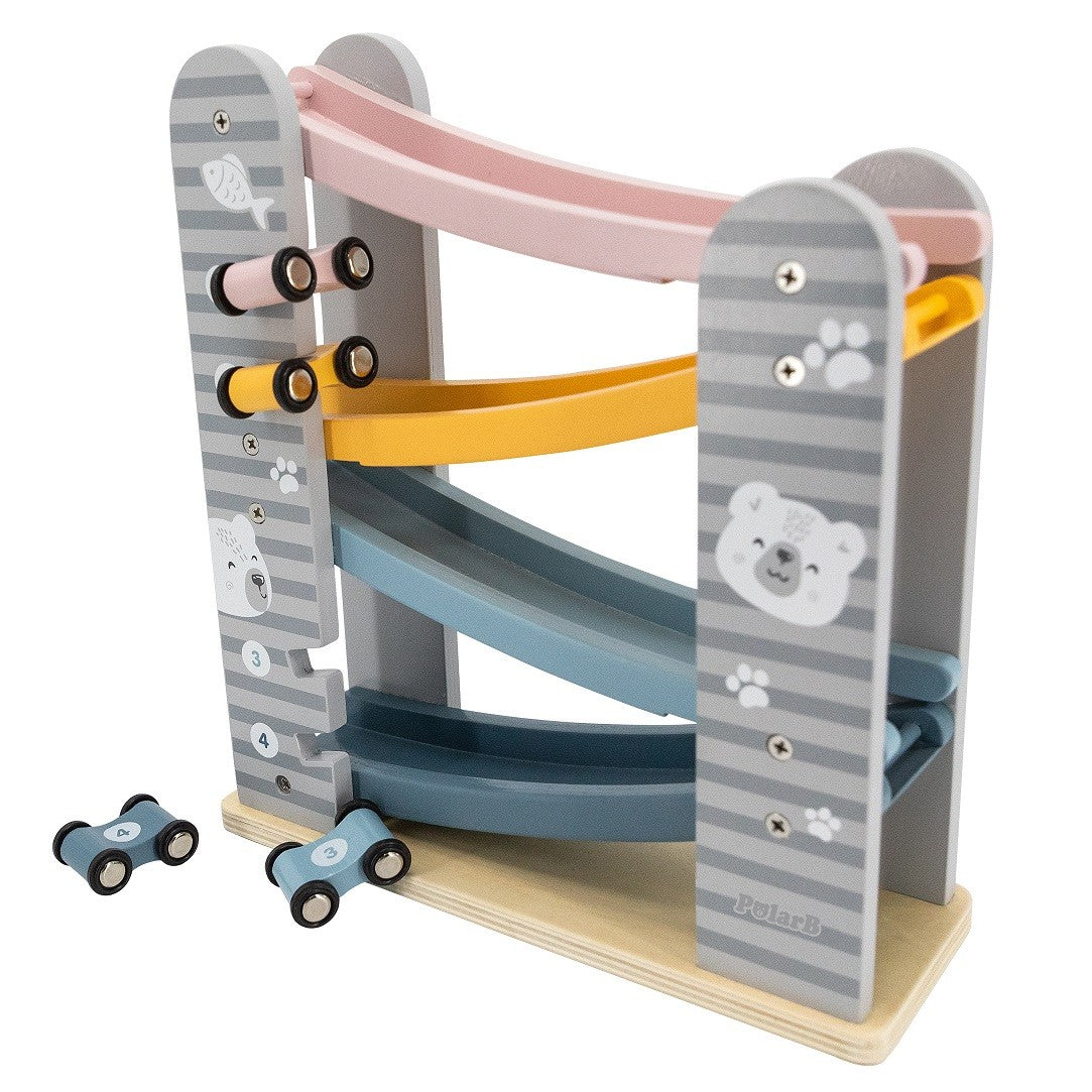 bold wooden race track with 4 numbered cars racing down pastel slopes