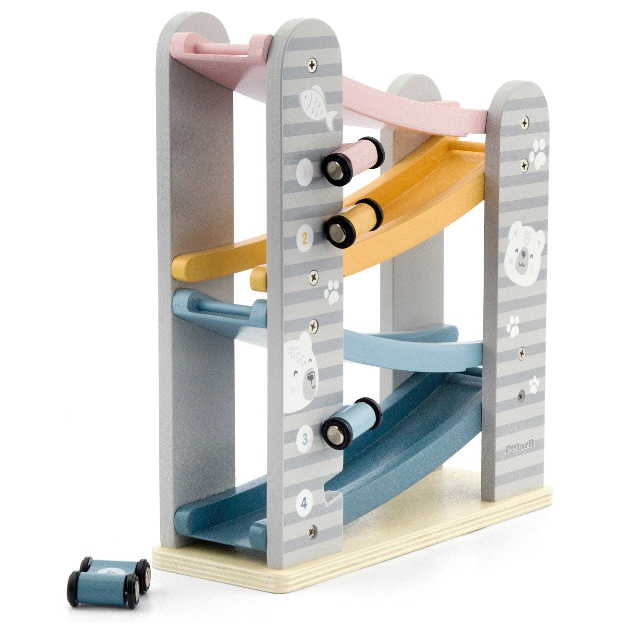 elegant pastel wooden race track with four numbered cars parked neatly, showcasing refined design for toddlers