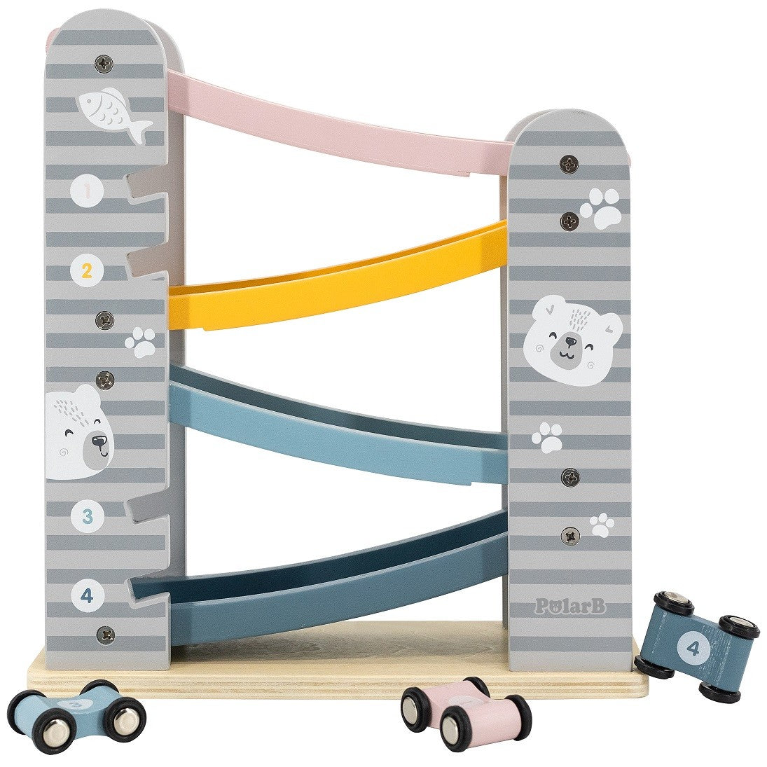 soft pastel wooden race track with 4 numbered cars parked neatly on smooth-edged slide