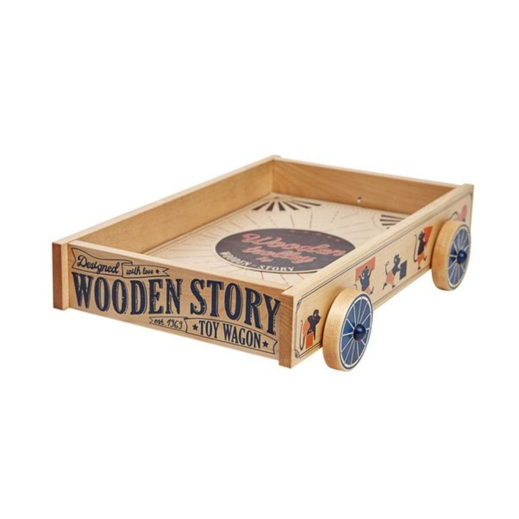 wooden wagon toy in a cozy indoor setting with a hidden mouse peeking from the cargo bed