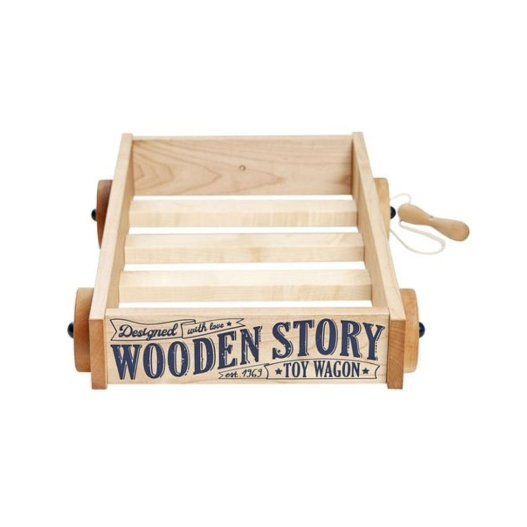 a softly lit wooden wagon toy with a hidden mouse peeking from its smooth, unpainted side