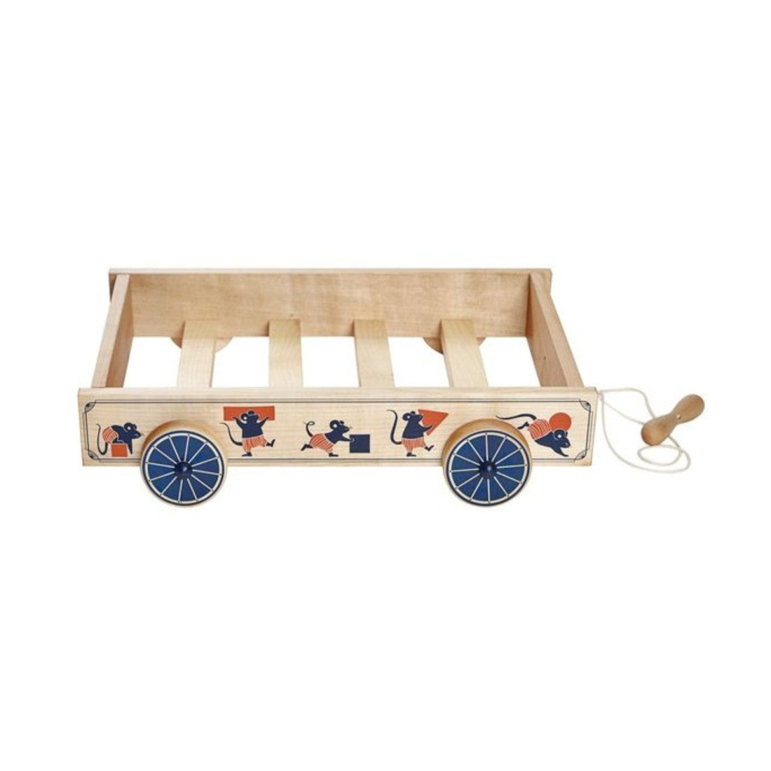 elegant wooden wagon toy with a hidden mouse detail on its smooth, unpainted wood in soft studio lighting
