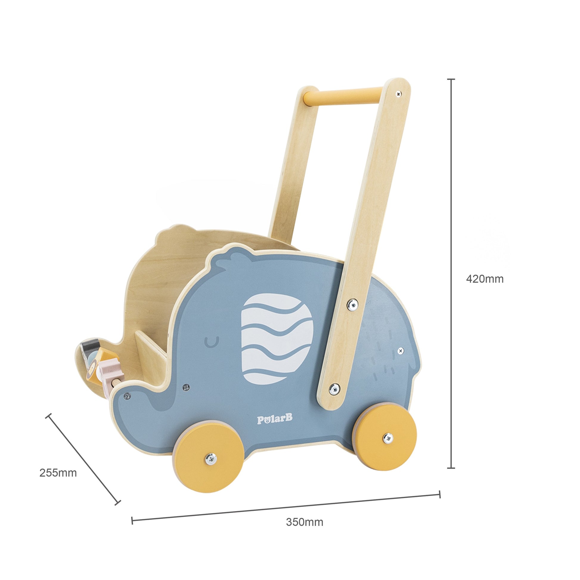 playful wooden stroller walker with cute elephant design, pastel colors, and rubber wheels for toddlers