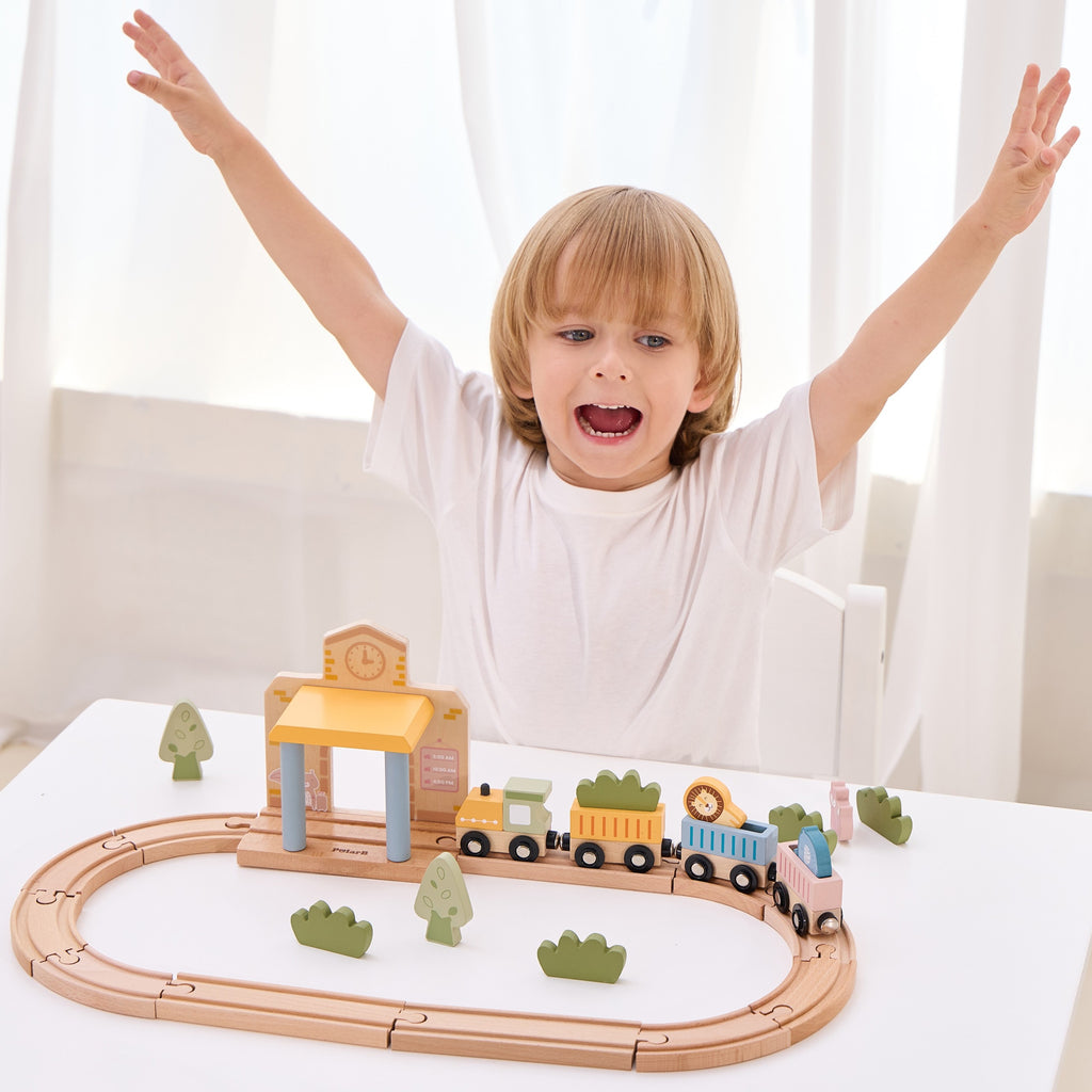 wooden train set with xylophone and threading toys for toddlers, soft pastel colors on a wooden table