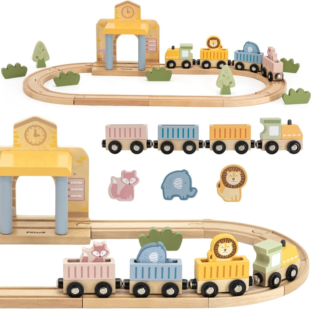 soft pastel wooden train set with xylophone and threading toys for toddlers, arranged on a cozy rug