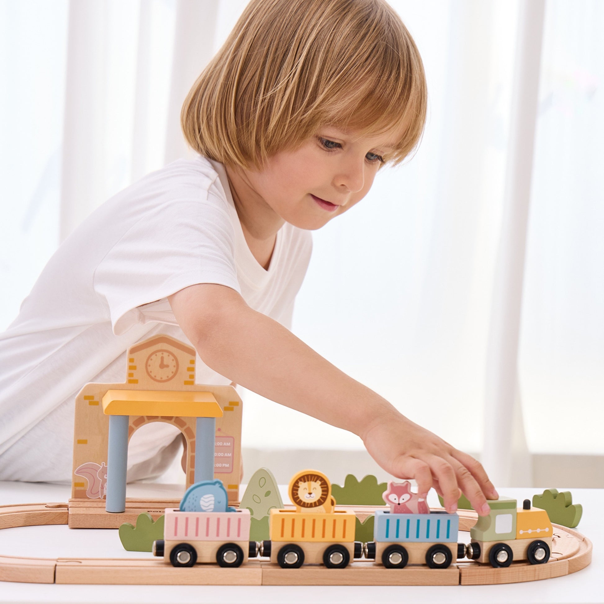 elegant wooden train set with pastel xylophone and threading activity for toddler fine motor skills