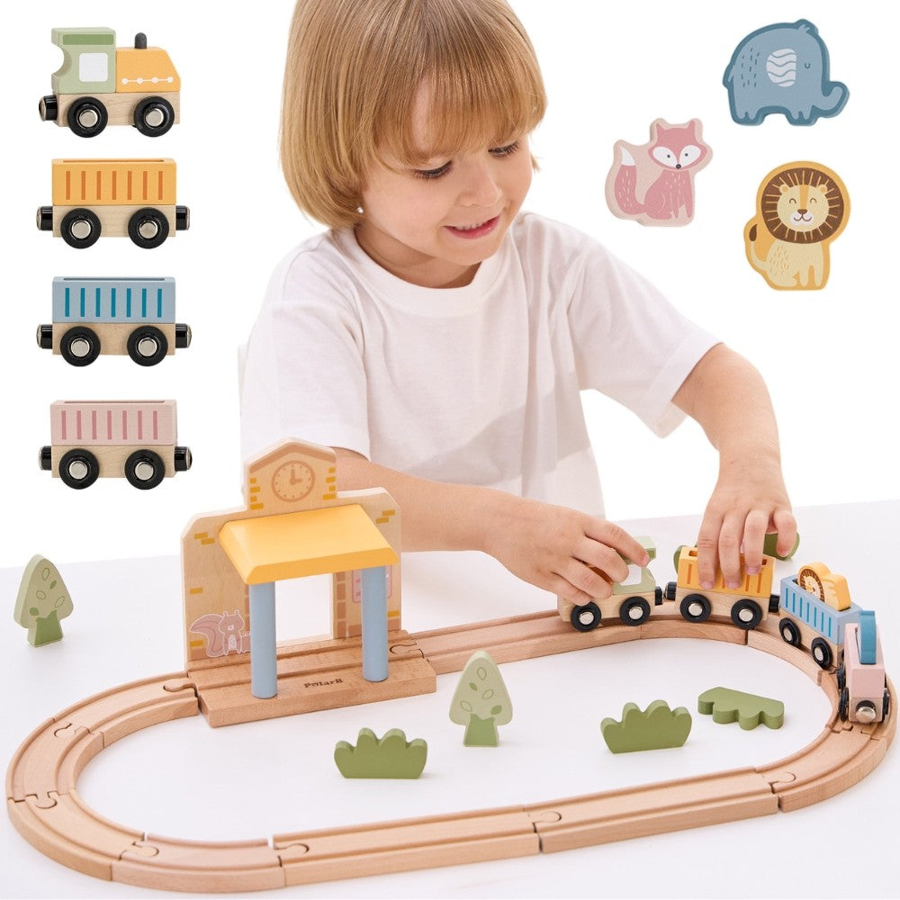 wooden train set with xylophone and threading activity for toddlers, soft pastel colors on a wooden table