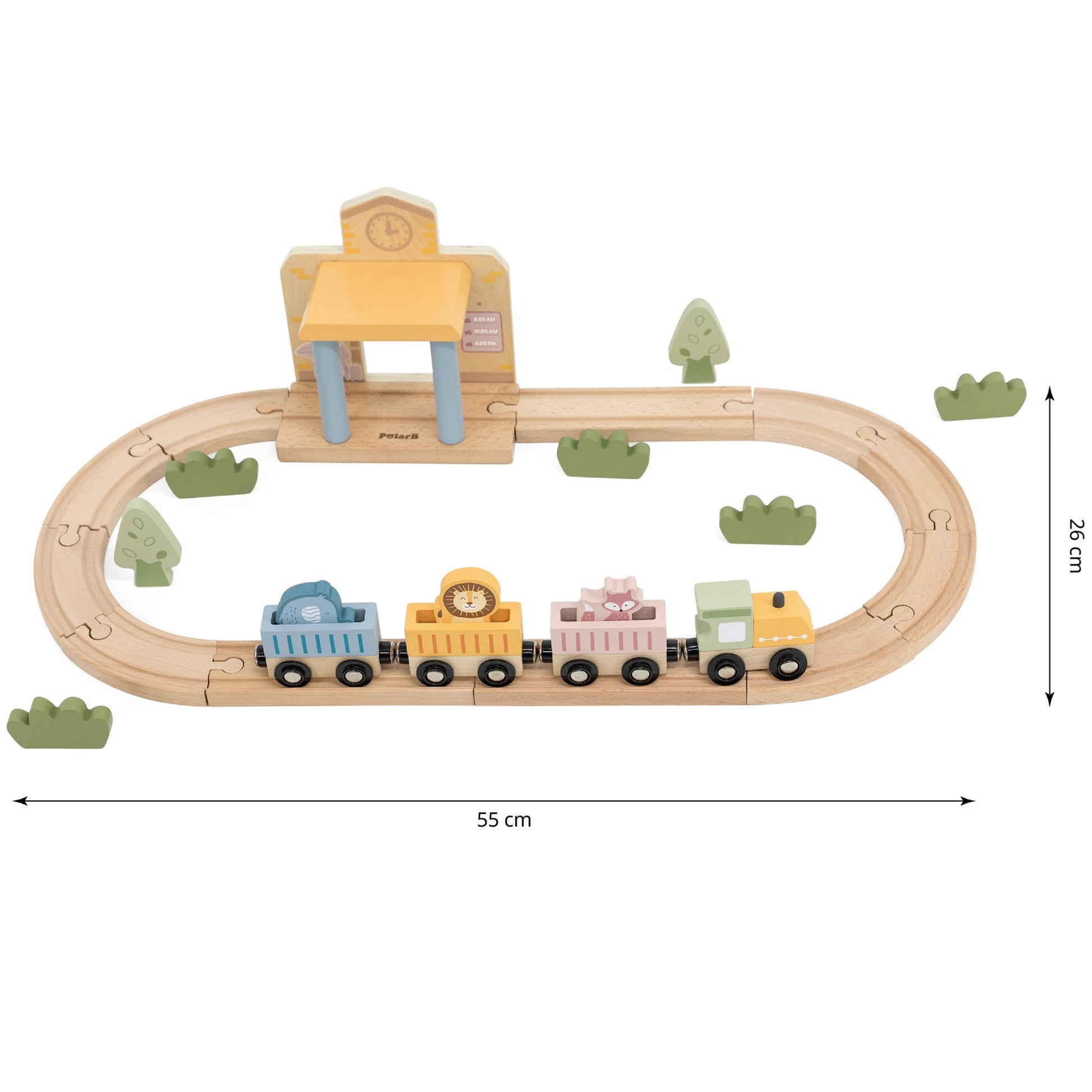 colorful wooden train set with xylophone and threading toys for toddlers, arranged on a pastel playmat