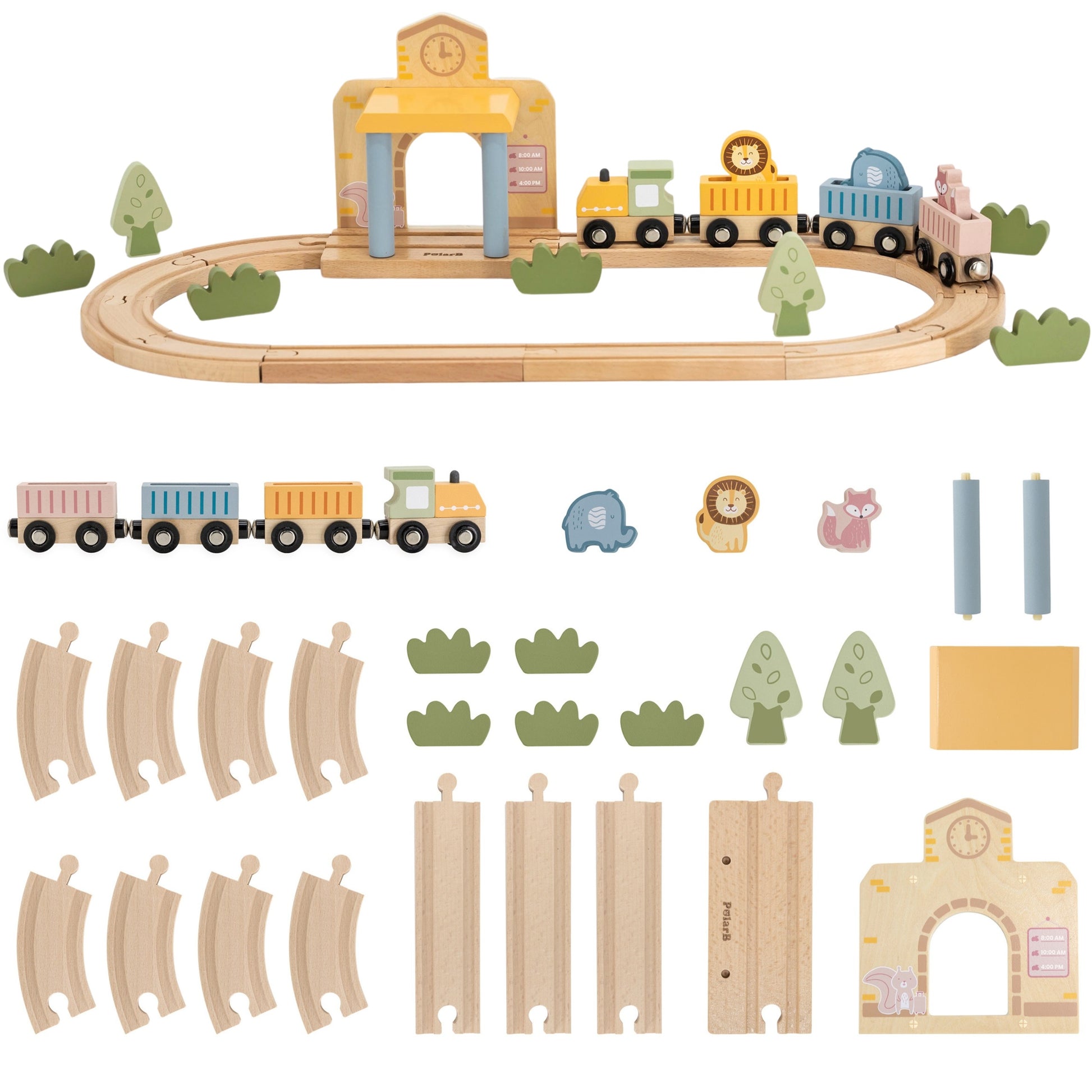 wooden train set with xylophone and threading toys for toddlers, soft pastel colors on a wooden table
