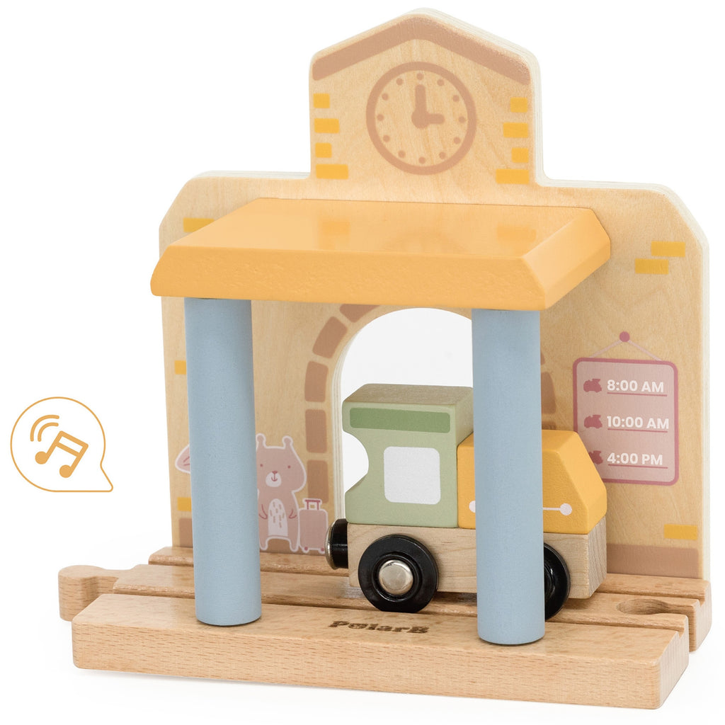 wooden train set with xylophone and threading toys for toddlers, pastel colors on a sunny playroom table