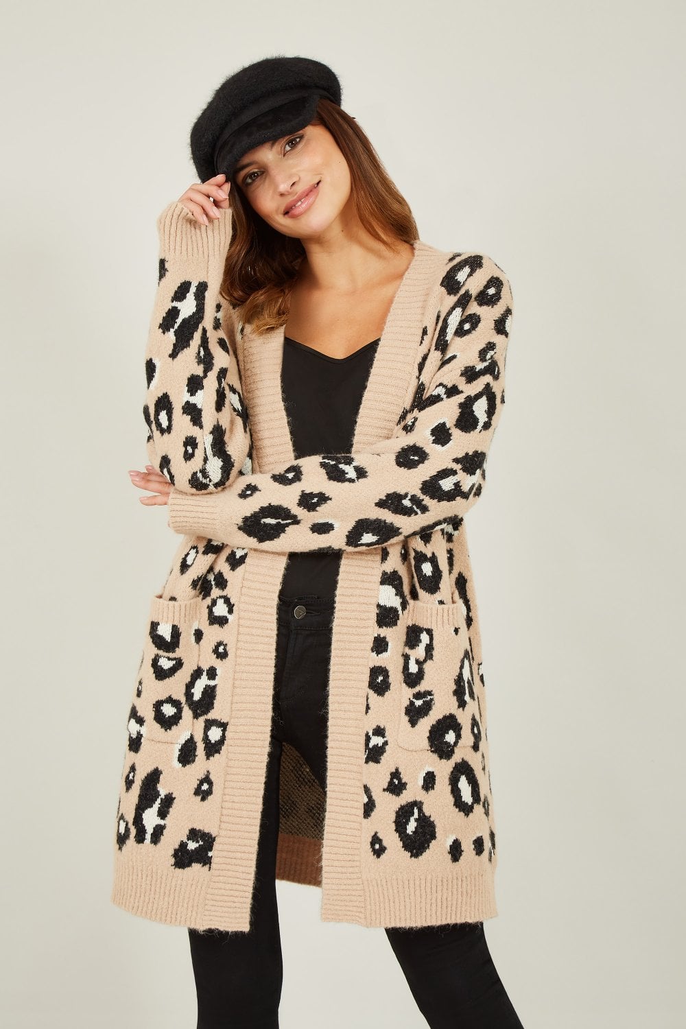 Beige Animal Intarsia Long Cardigan