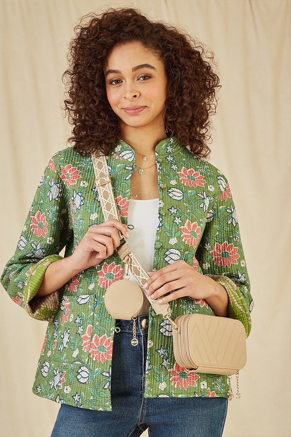 Beige Quilted Camera Bag with Cross Body Woven Strap