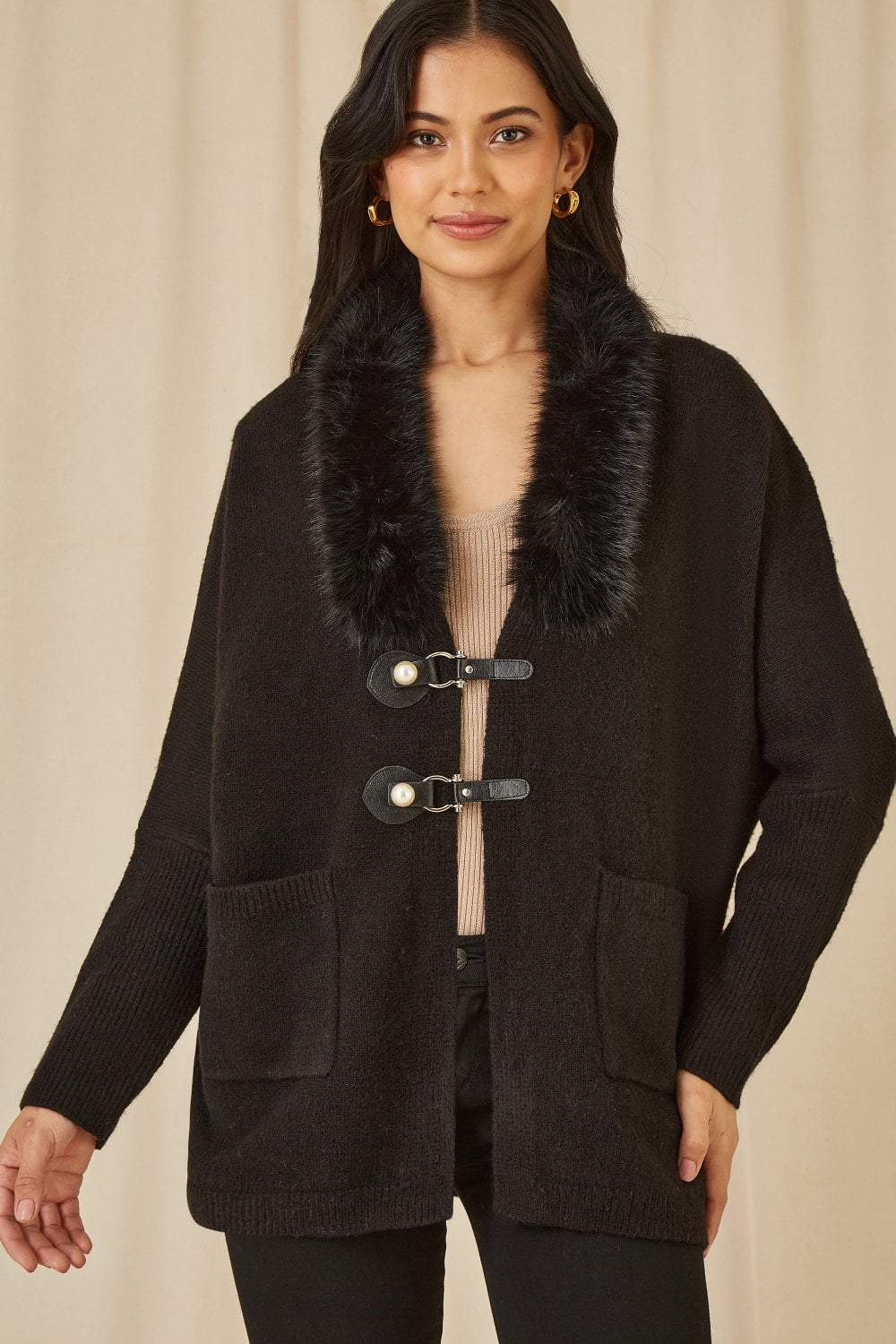 Black Cardigan with Detachable Fur Collar