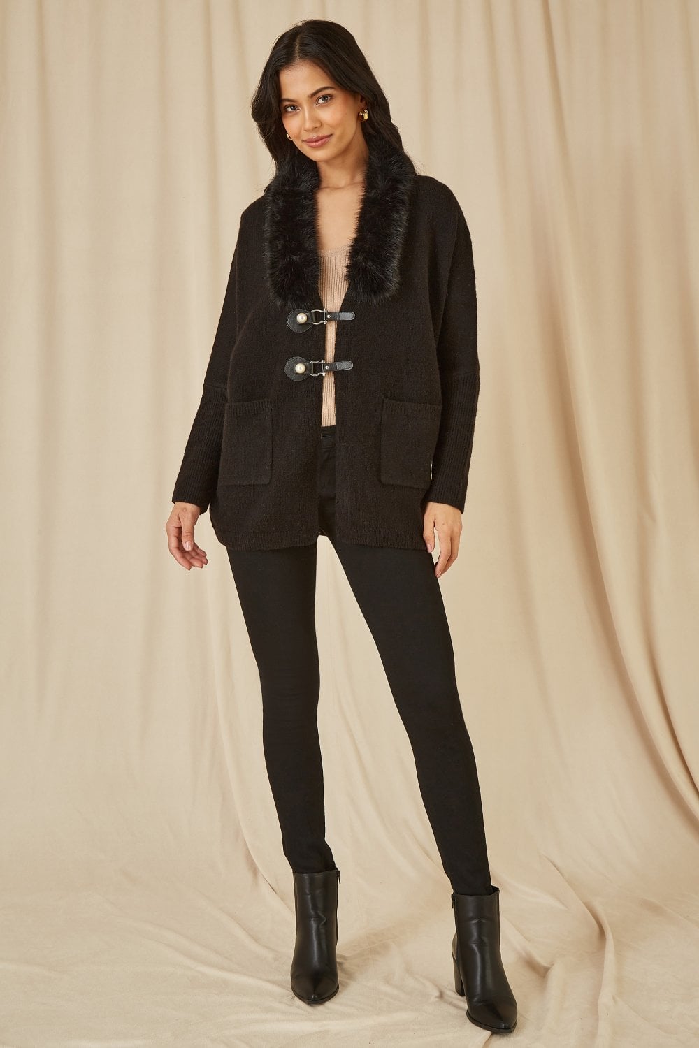 Black Cardigan with Detachable Fur Collar