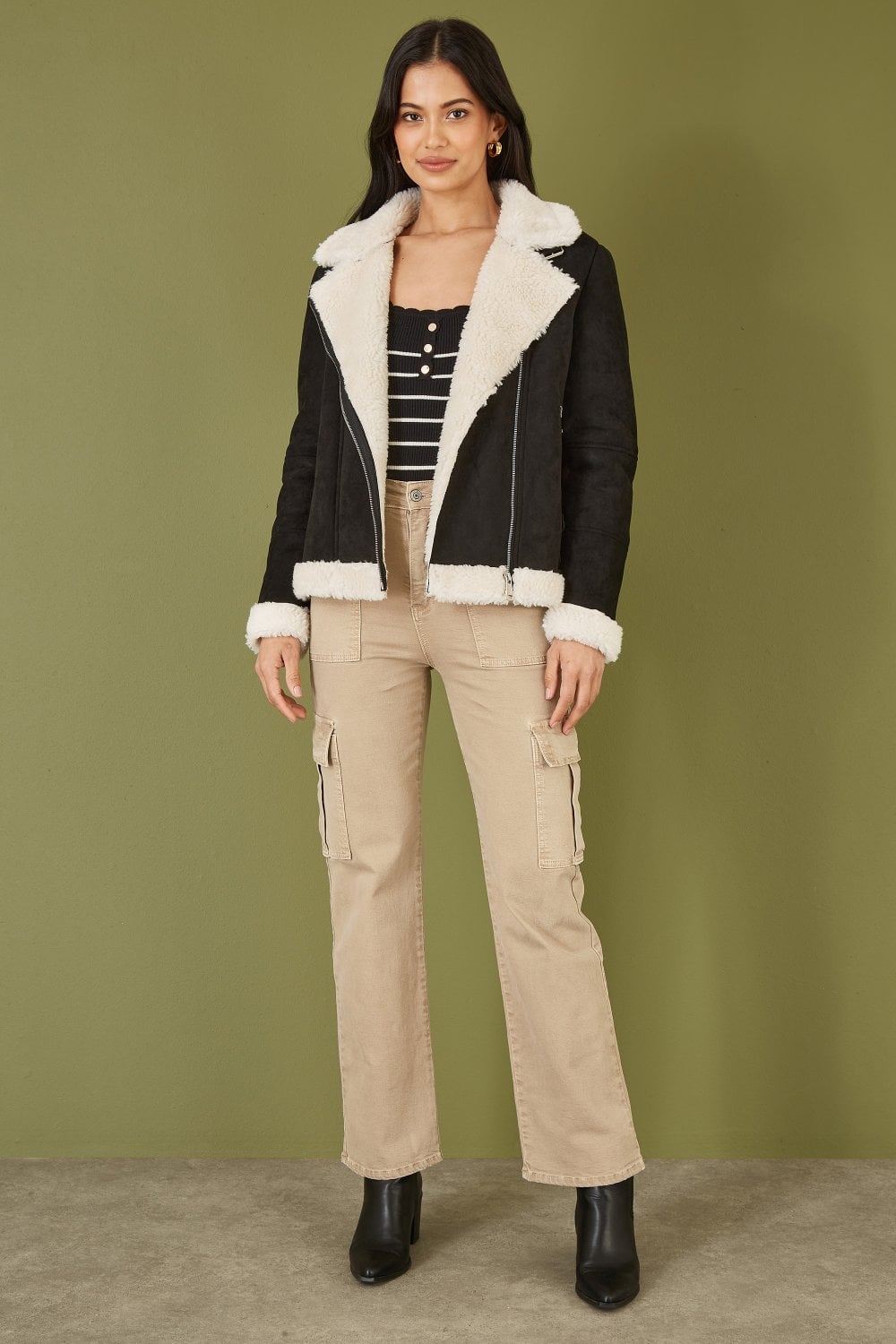 Black Faux Suede and Shearling Biker Jacket