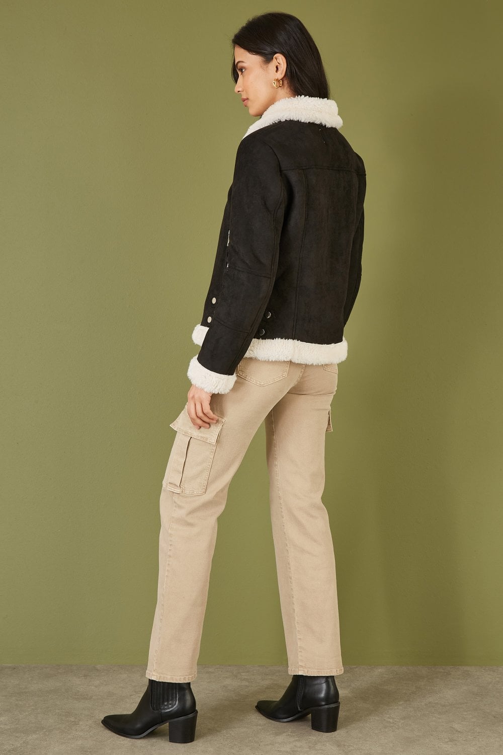 Black Faux Suede and Shearling Biker Jacket