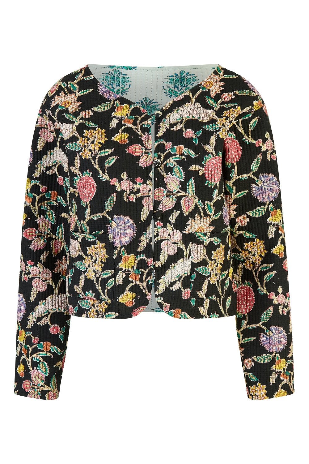 Black Floral Print Reversible Cotton Cropped Quilted Jacket