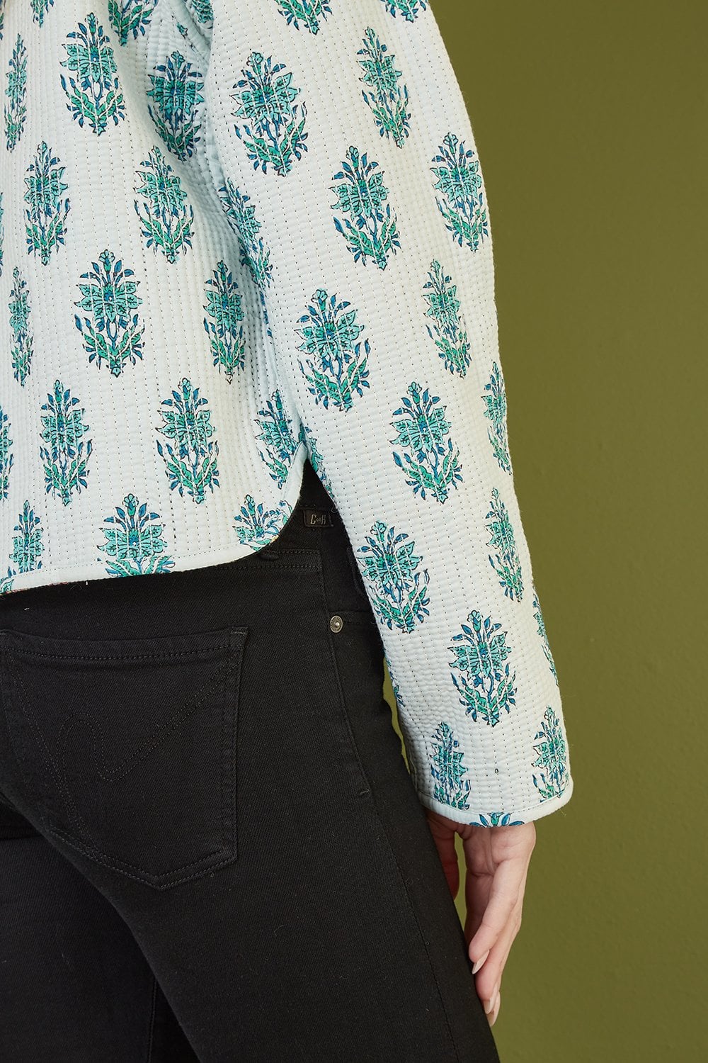 Black Floral Print Reversible Cotton Cropped Quilted Jacket