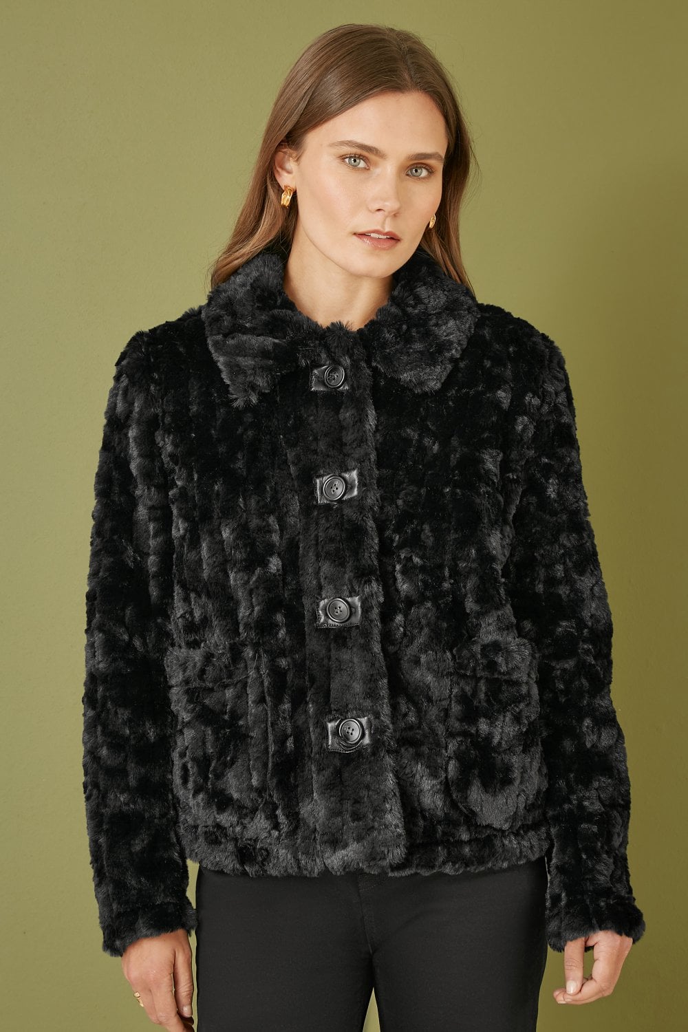 Black Luxe Textured Faux Fur Jacket with Pockets