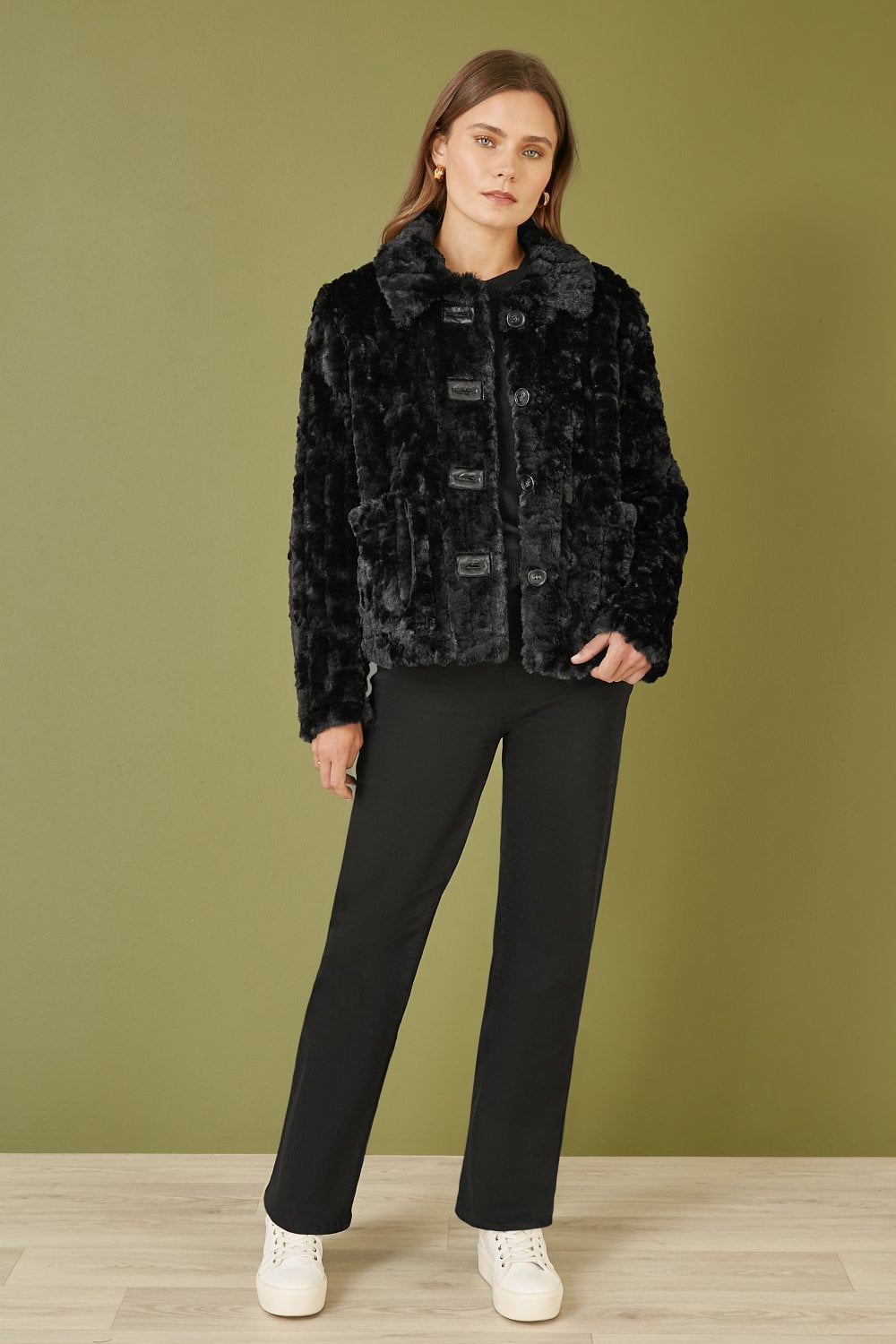 Black Luxe Textured Faux Fur Jacket with Pockets