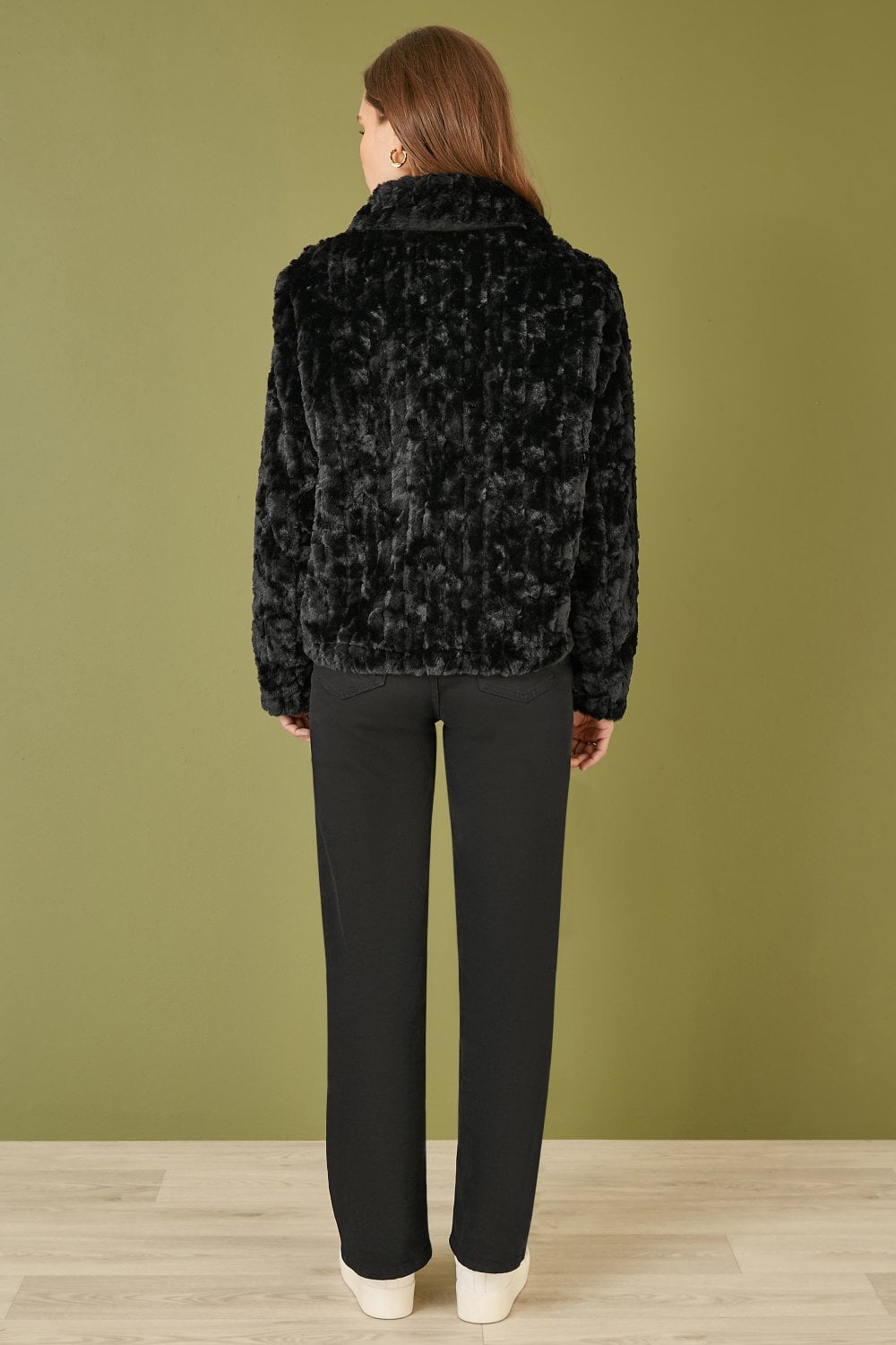 Black Luxe Textured Faux Fur Jacket with Pockets