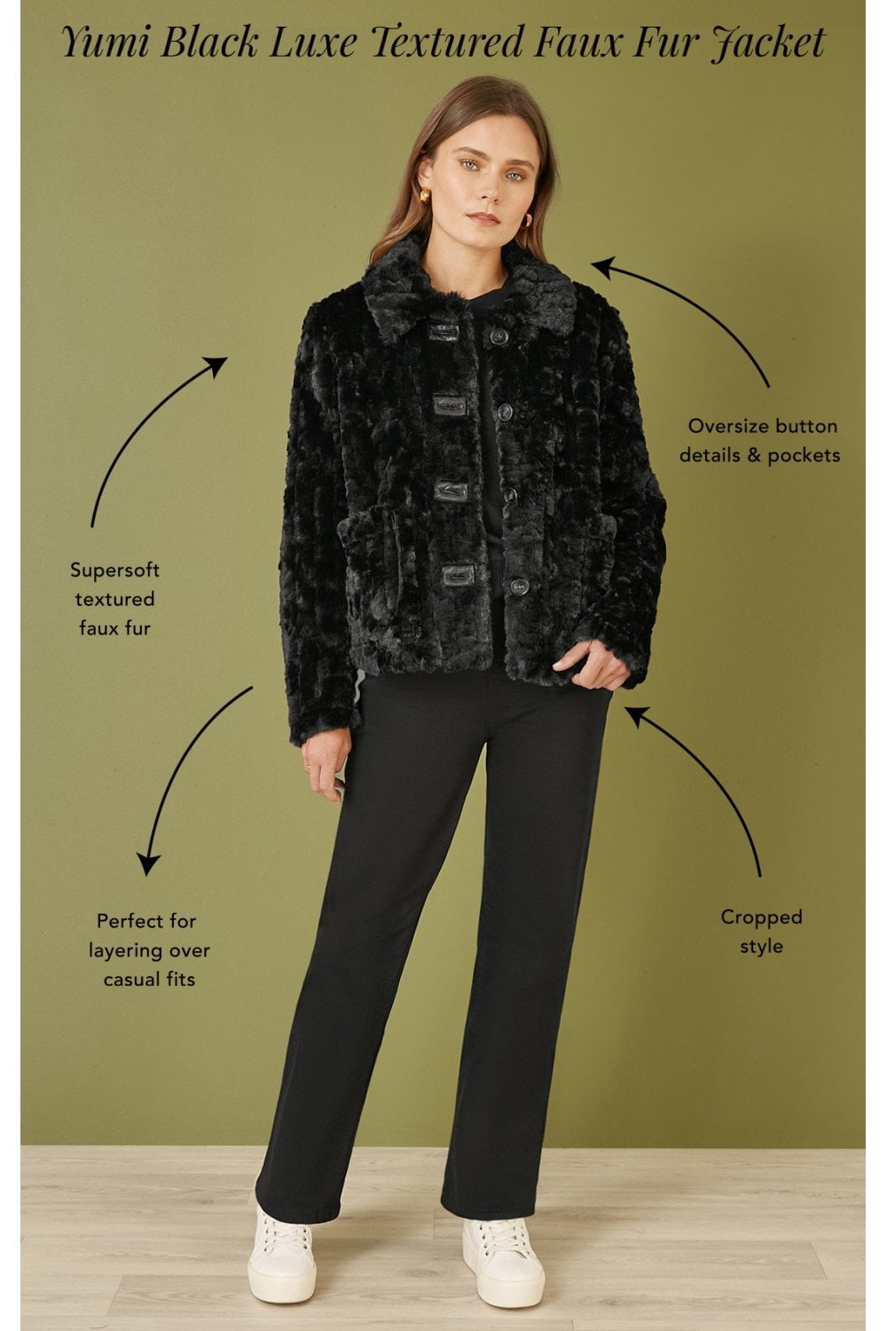 Black Luxe Textured Faux Fur Jacket with Pockets
