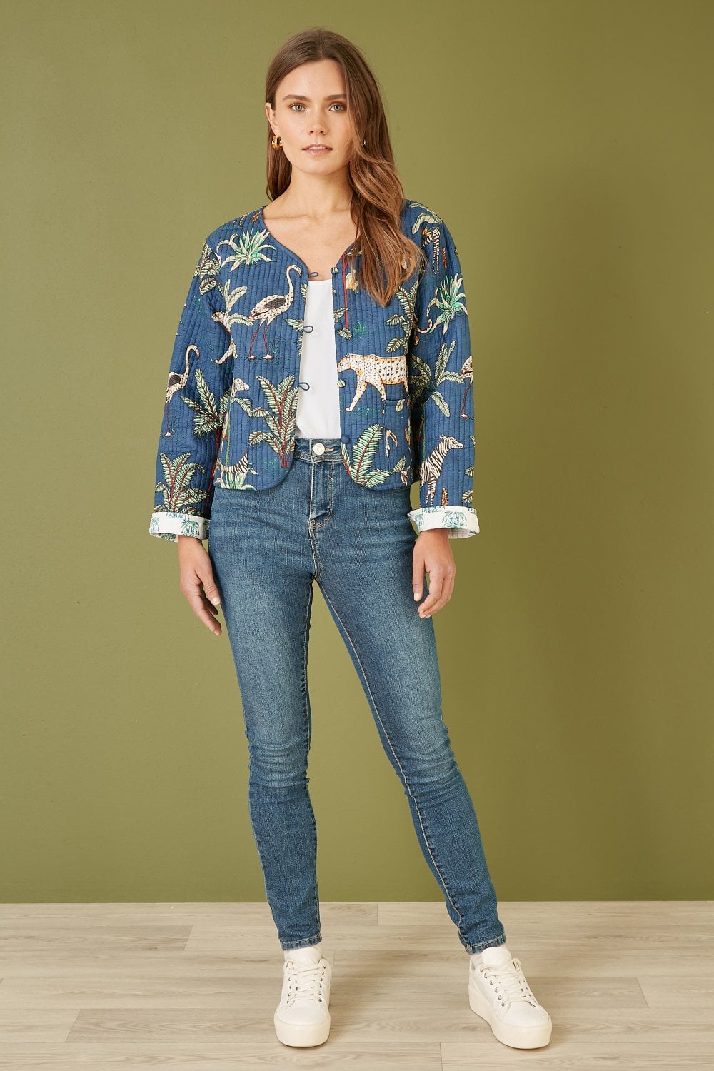 Blue Animal Print Reversible Cotton Cropped Quilted Jacket