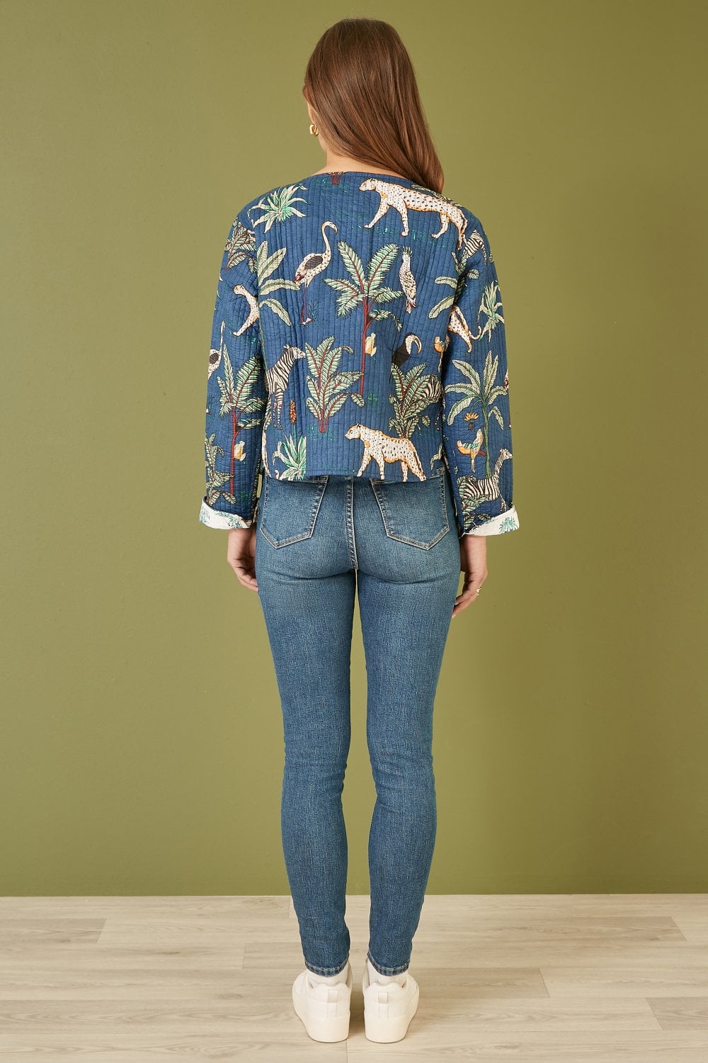 Blue Animal Print Reversible Cotton Cropped Quilted Jacket