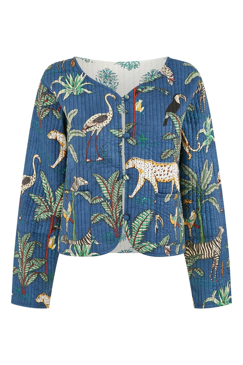 Blue Animal Print Reversible Cotton Cropped Quilted Jacket