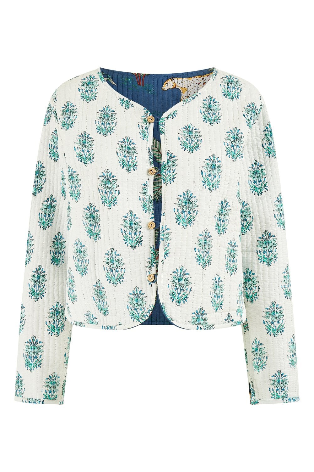 Blue Animal Print Reversible Cotton Cropped Quilted Jacket