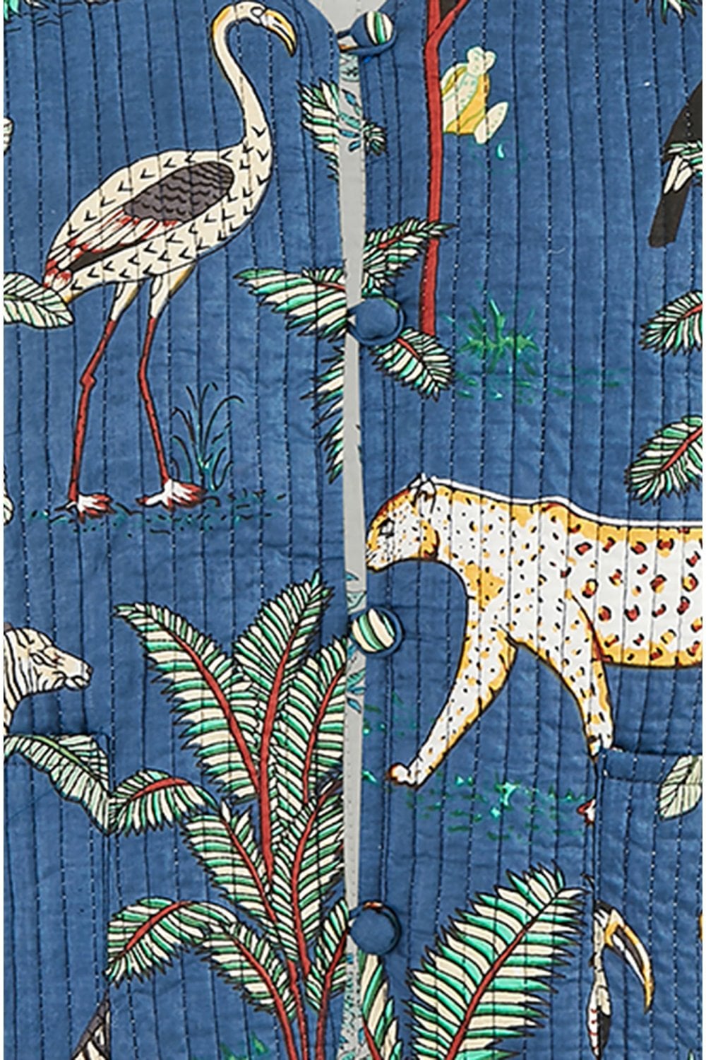 Blue Animal Print Reversible Cotton Cropped Quilted Jacket