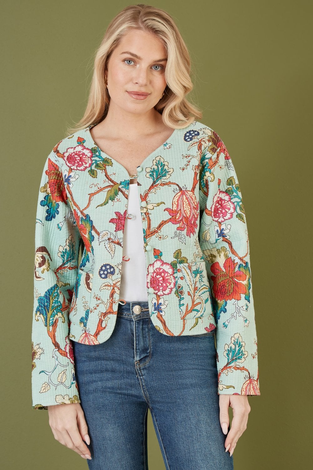 Blue Floral Print Reversible Cotton Cropped Quilted Jacket