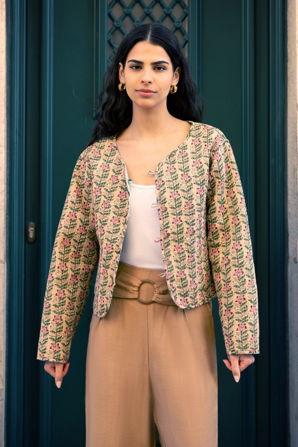 Blue Floral Print Reversible Cotton Cropped Quilted Jacket