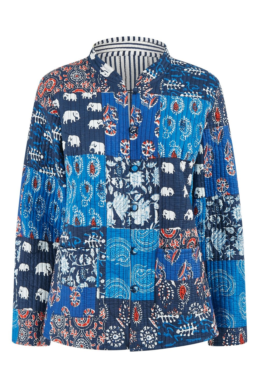 Blue Indian Patchwork Reversible Cotton Quilted Jacket