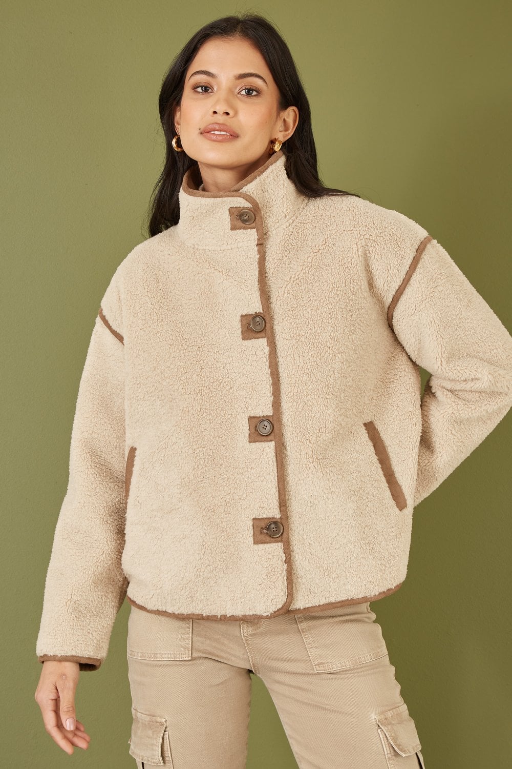 Cream Borg High Neck Jacket With Faux Leather Trims