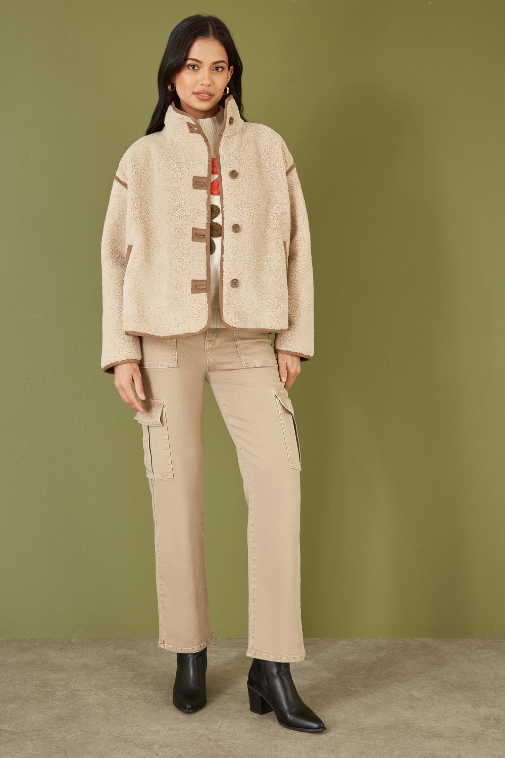 Cream Borg High Neck Jacket With Faux Leather Trims