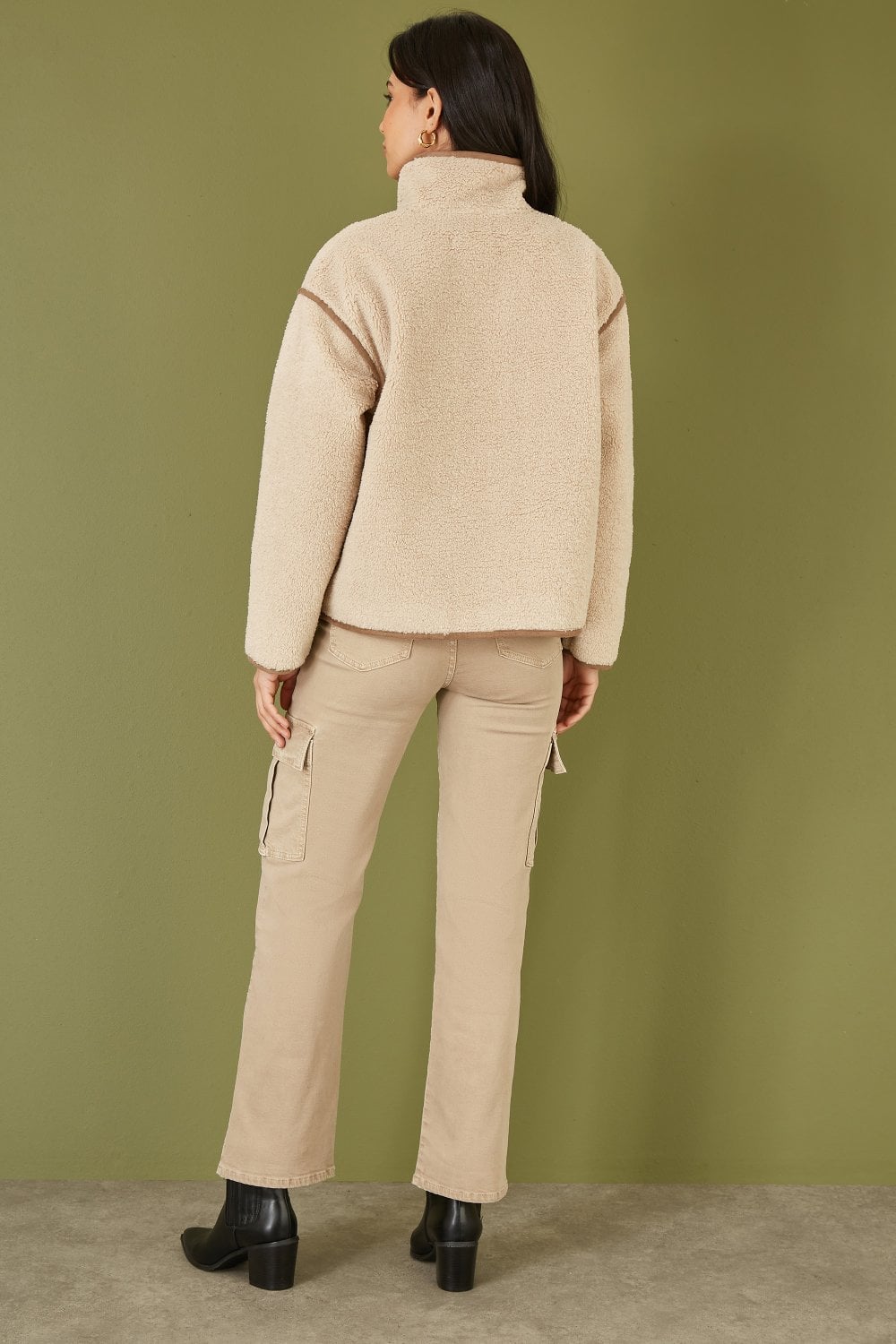 Cream Borg High Neck Jacket With Faux Leather Trims