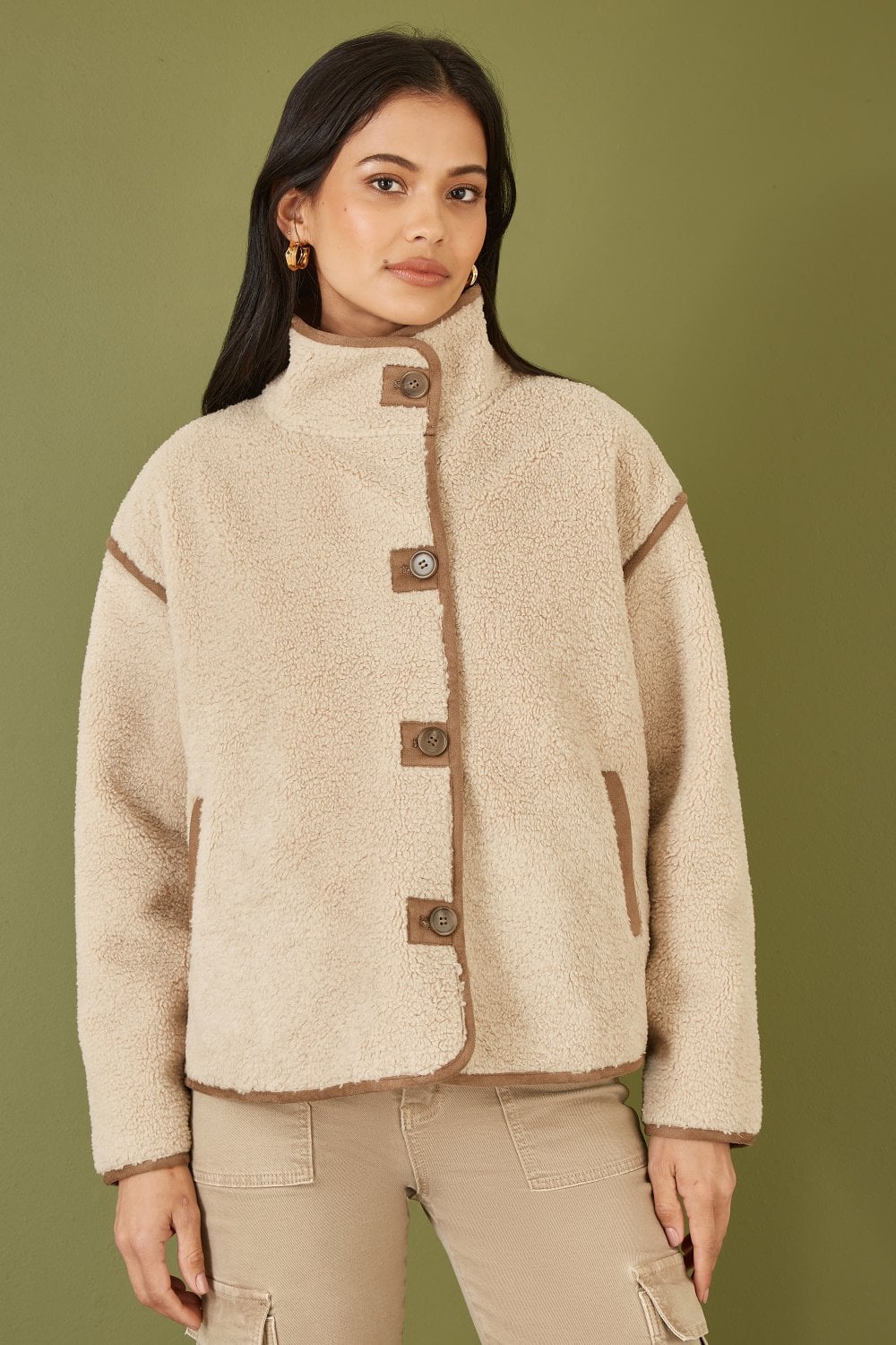 Cream Borg High Neck Jacket With Faux Leather Trims