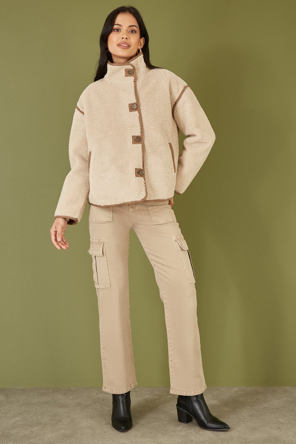 Cream Borg High Neck Jacket With Faux Leather Trims