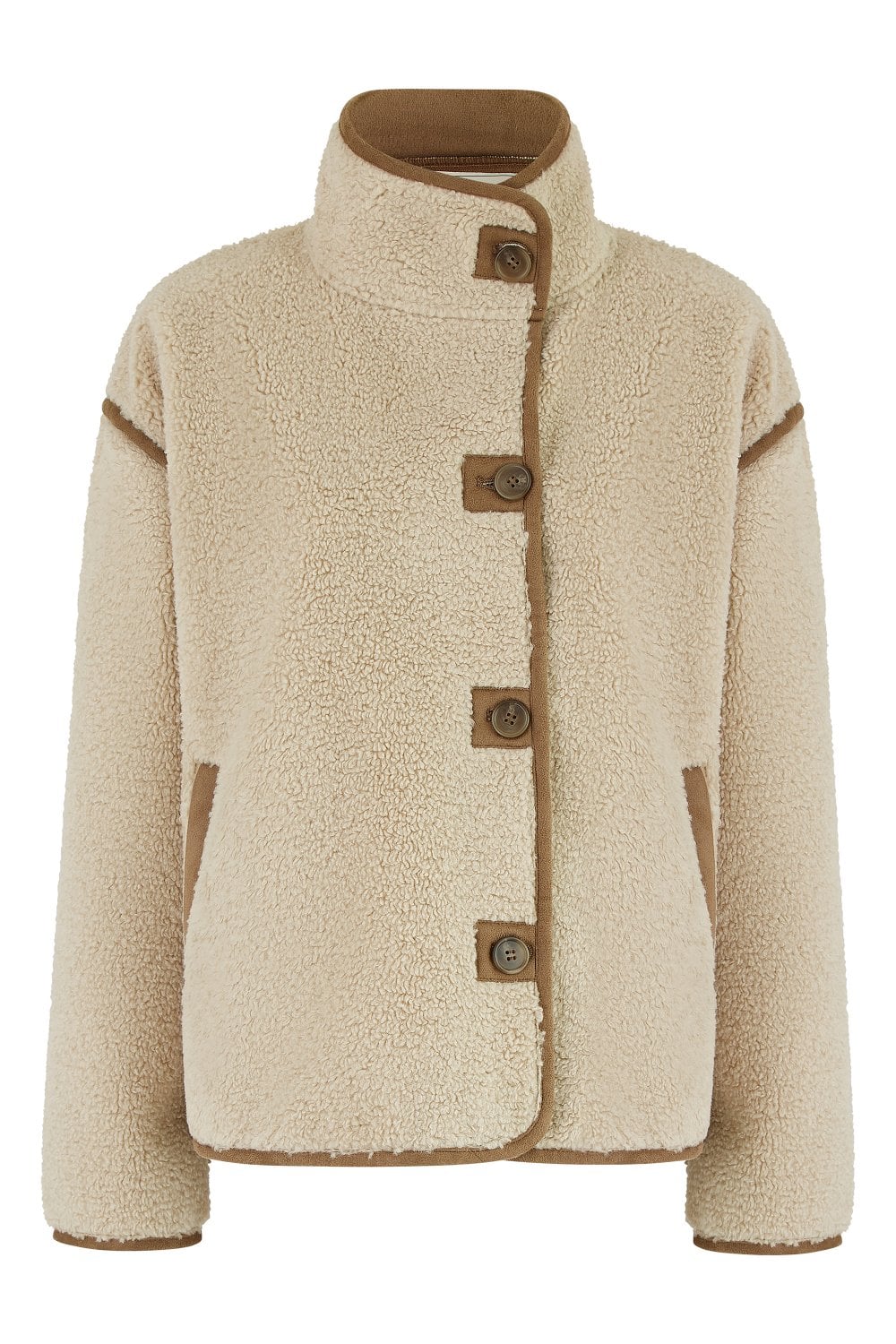 Cream Borg High Neck Jacket With Faux Leather Trims