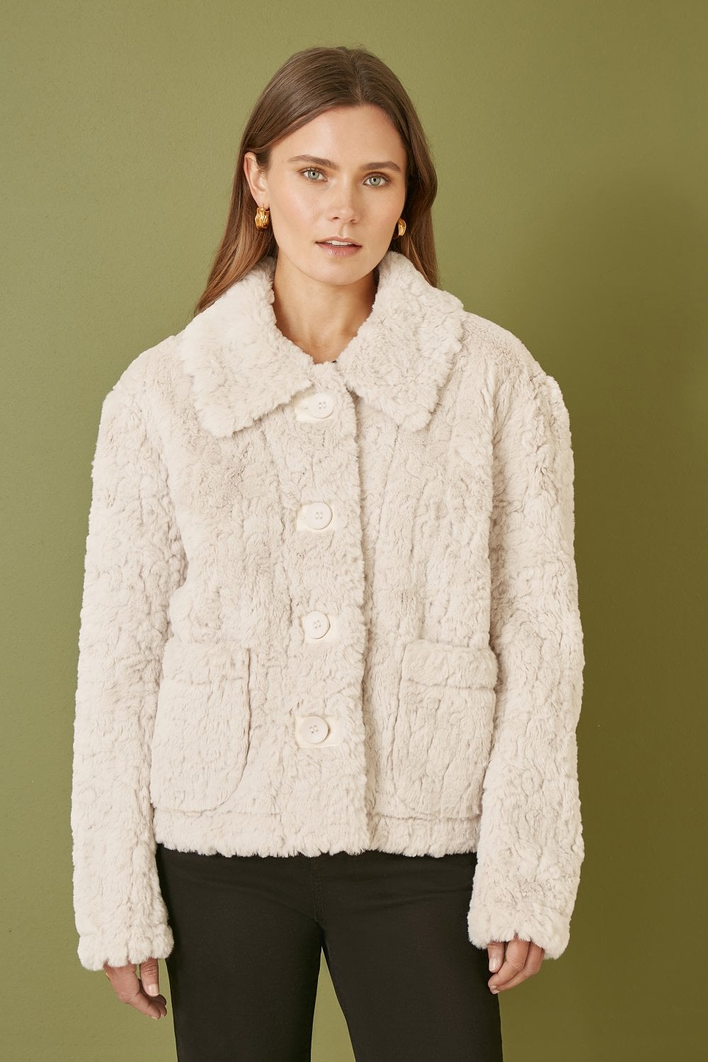 Cream Luxe Textured Faux Fur Jacket With Pockets