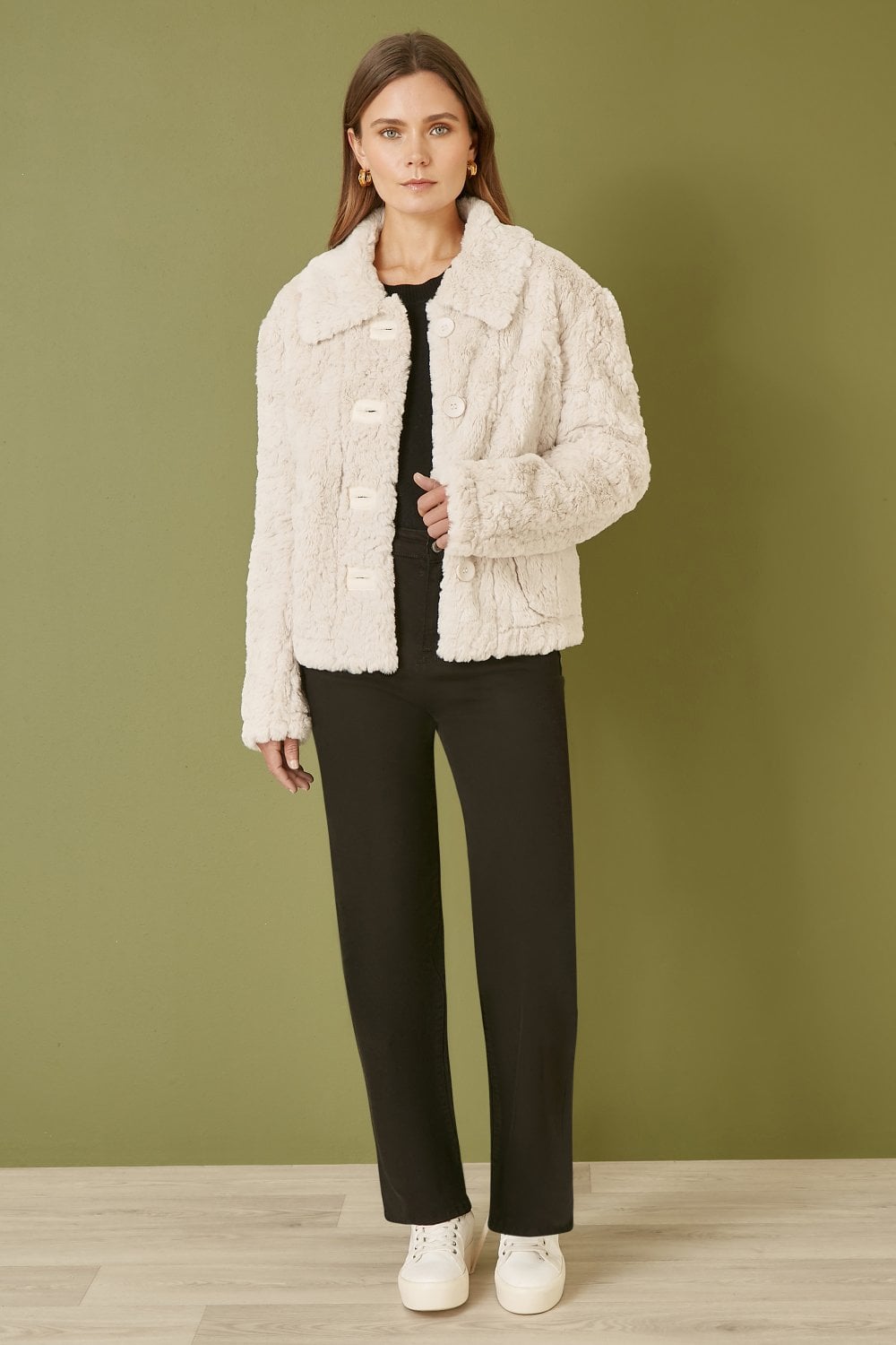 Cream Luxe Textured Faux Fur Jacket With Pockets