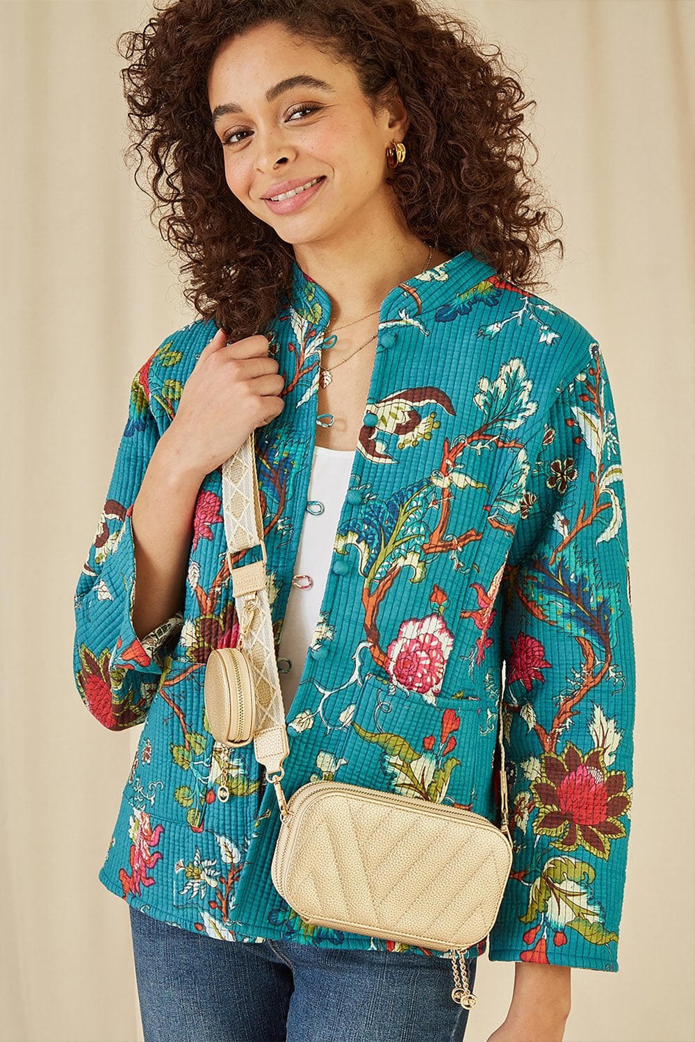 Gold Quilted Camera Bag with Woven Cross Body Strap