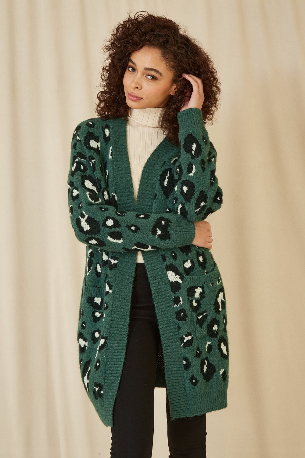 Green Animal Intarsia Long Cardigan