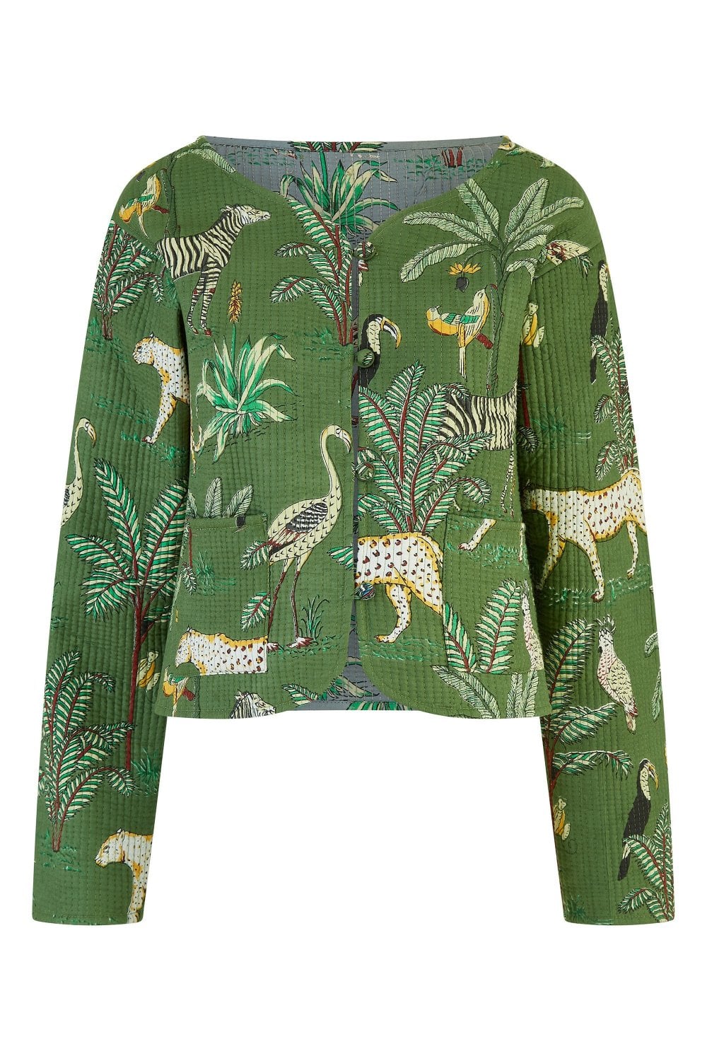 Green Animal Print Reversible Cotton Cropped Quilted Jacket