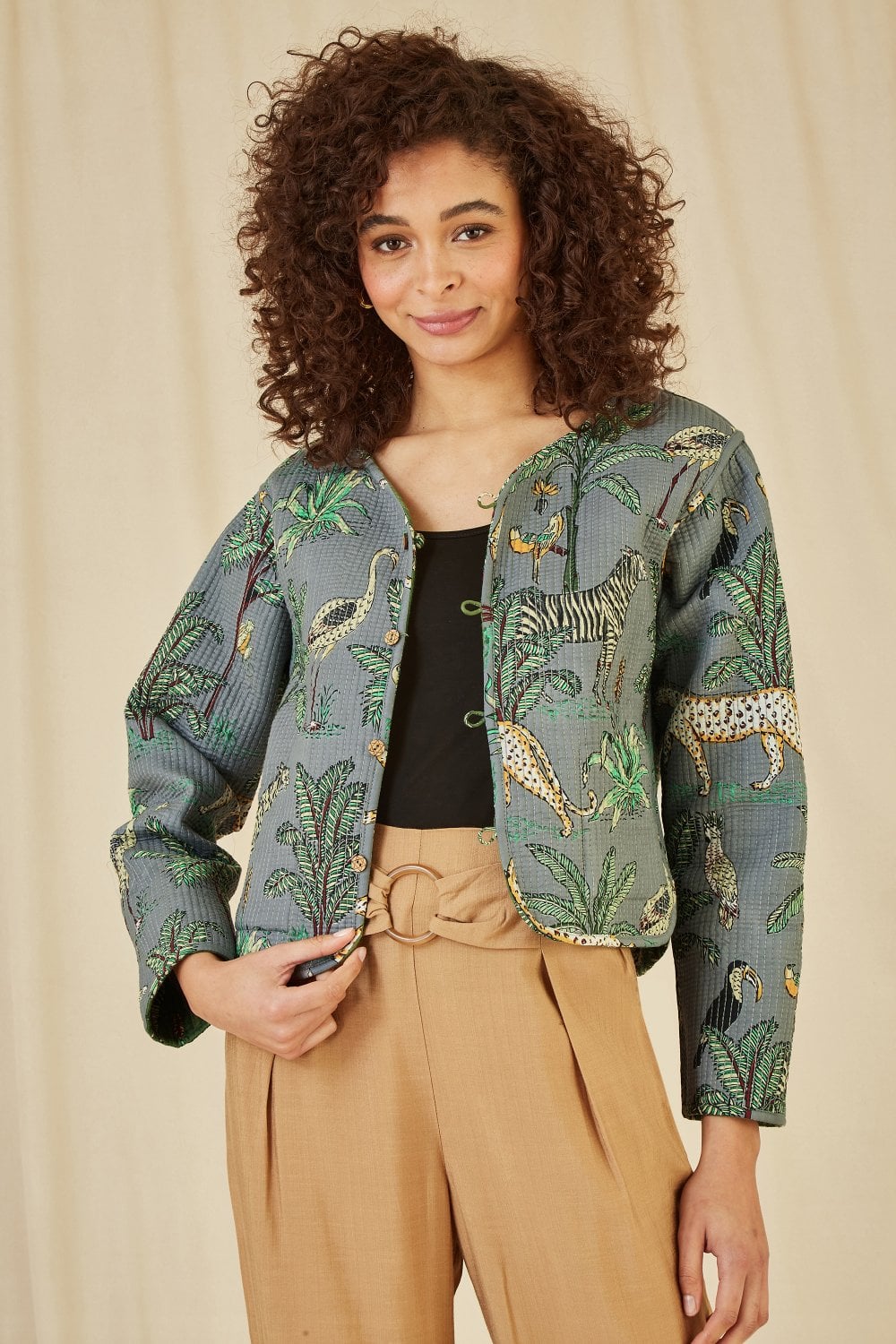 Green Animal Print Reversible Cotton Cropped Quilted Jacket