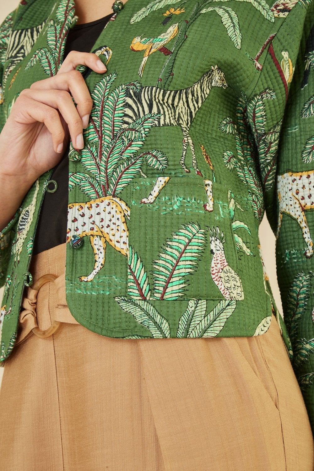 Green Animal Print Reversible Cotton Cropped Quilted Jacket