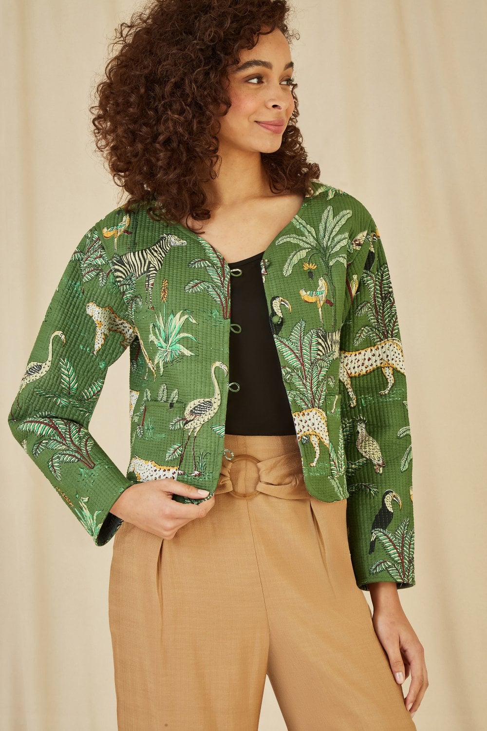 Green Animal Print Reversible Cotton Cropped Quilted Jacket