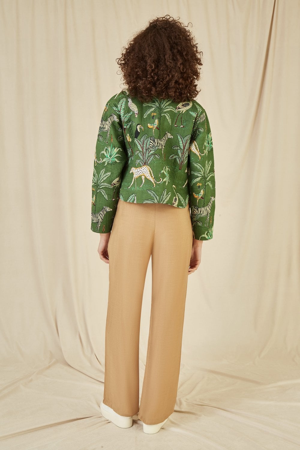 Green Animal Print Reversible Cotton Cropped Quilted Jacket